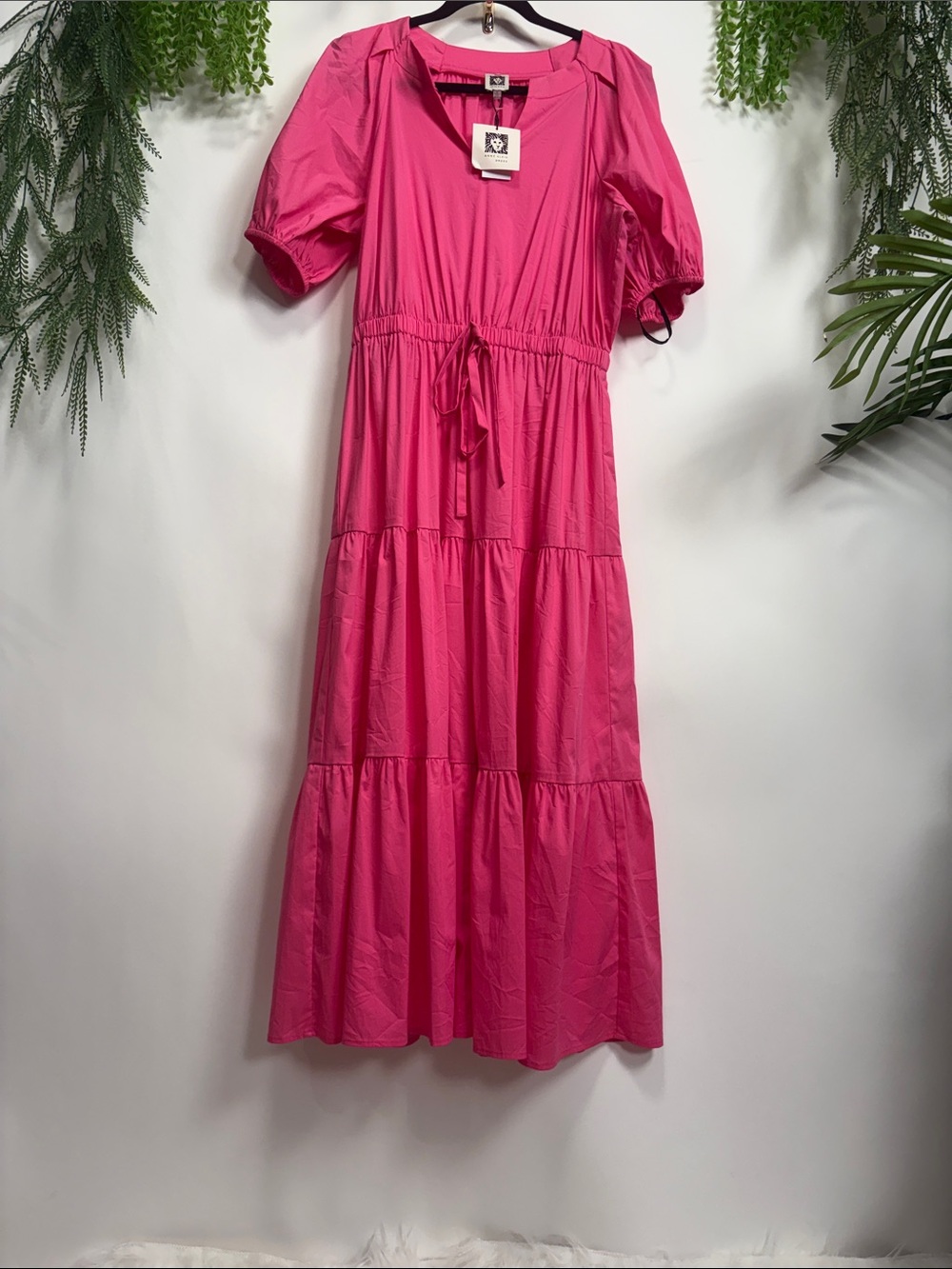 Anne Klein Hot Pink Tiered Maxi Dress with Puff Sleeves - Picture 14 of 14